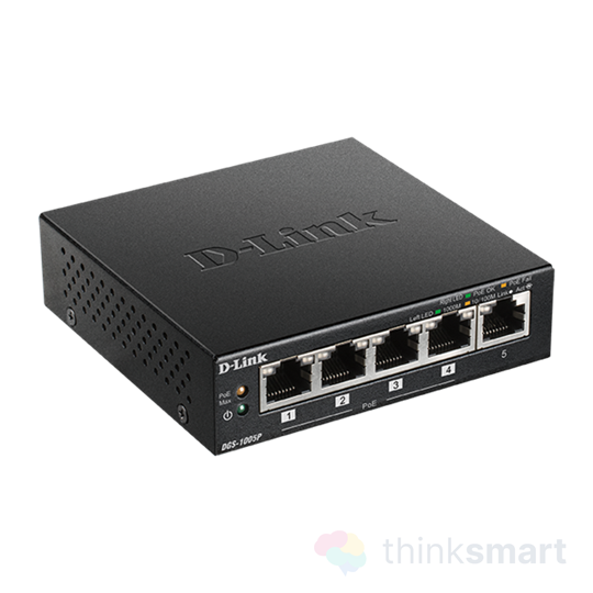D-Link Switch - DGS-1005P - 5x1000Mbps 4 Port POE 60W POE Budget Desktop Fémházas Fanless Unmanaged