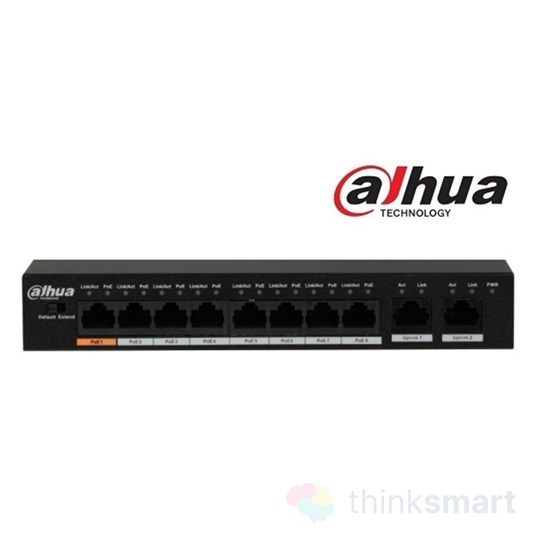 Dahua PFS3010-8ET-96 PoE switch (1x 10/100 (HighPoE/PoE+/PoE) + 7x 10/100(PoE+/PoE) + 2x gigabit uplink, 96W, 51VDC)