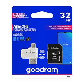 Goodram M1A4-0320R12 Memóriakártya SDHC 32GB CL10 UHS-I + adapter + OTG kártyaolvasó