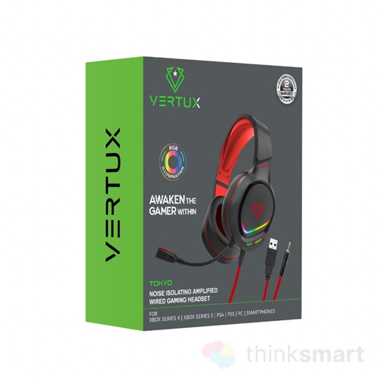Vertux Gaming Tokyo vezetékes mikrofonos gamer fejhallgató - piros | RGB világítás